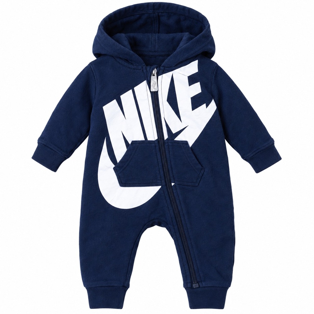 Nike Baby Hooded Coverall 0-3 Months Navy Blue White Logo Full Zip Romper